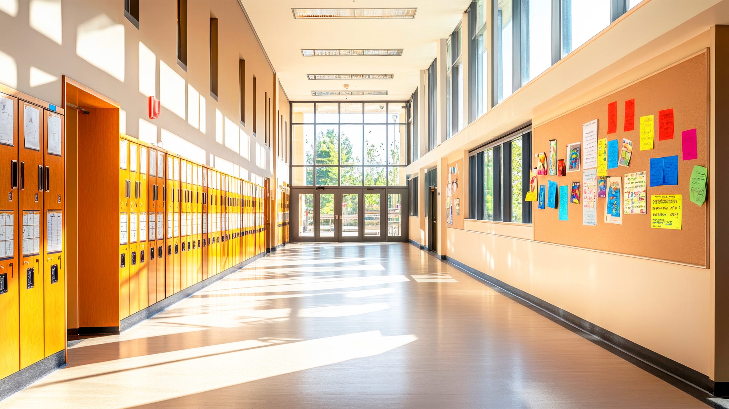 Reinigungskraft säubert ein helles Klassenzimmer in einer Kita mit Desinfektionsmittel und moderner Reinigungsausrüstung.