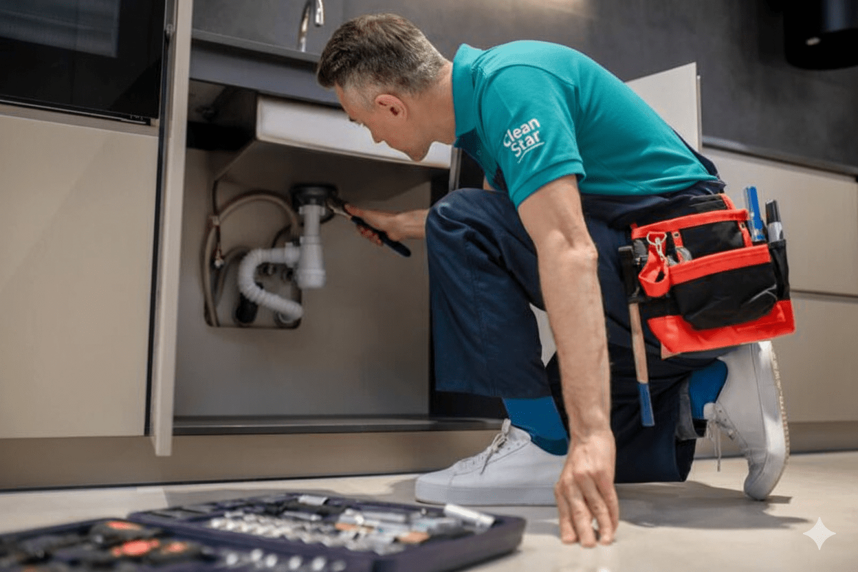 Hausmeister überprüft die Gebäudetechnik in einem Treppenhaus und führt Wartungsarbeiten mit Werkzeug aus.